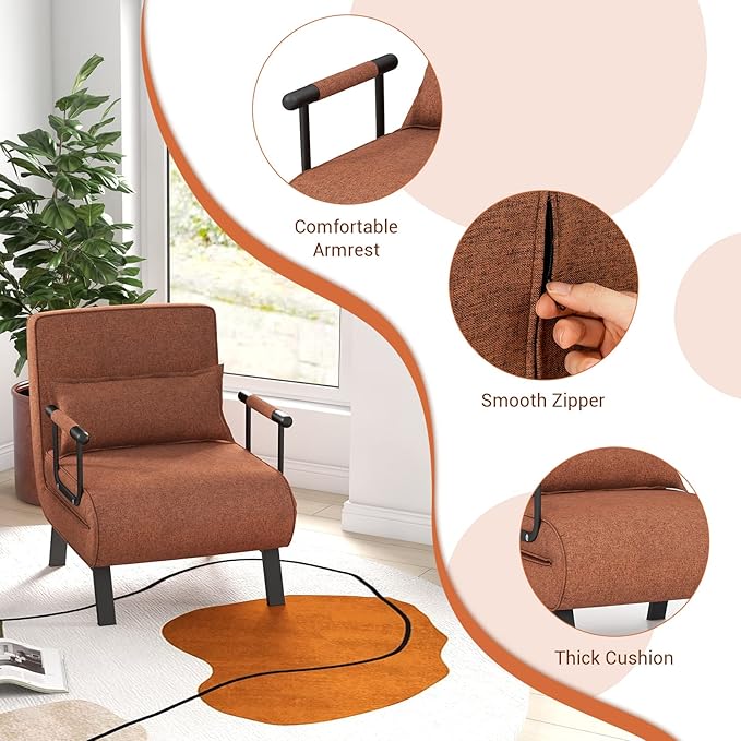 KOMFOTT Convertible Sleeper Chair Bed, 4-in-1 Folding Sofa Bed with 6-Position Adjustable Backrest, Upholstered Chaise Lounge with Removable Pillow, Leisure Recliner Lounge Couch for Home Office