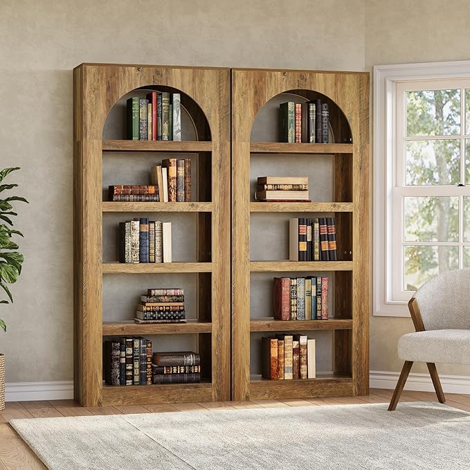 LITTLE TREE 5-Tier Arched Bookshelf Set of 2, Modern 70.8 Inches Tall Wooden Bookcase, Open Display Storage Shelf Organizer for Living Room, Home Office, Bedroom, Light Brown