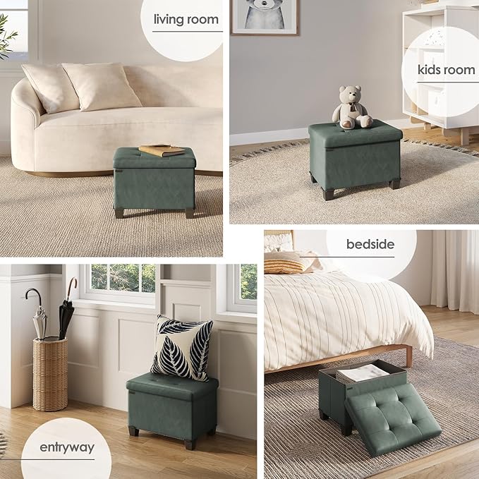 Storage Ottoman Cube with Small Bin, 16-in Square Ottoman with Storage for Living Room and Bedroom, Small Ottomans Foot Rest, Faux Leather Foot Stools Ottomans Max 330lbs, Green