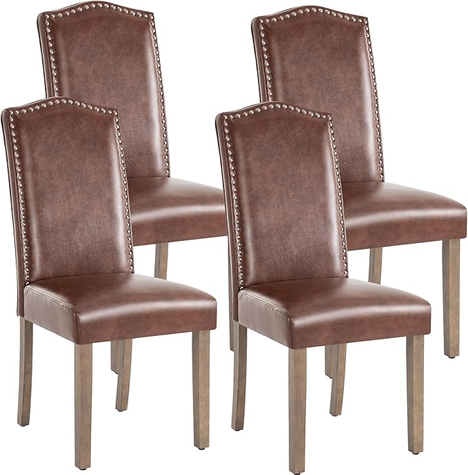 SNUGWAY Upholstered Dining Chair Stylish Parsons Kitchen High Back with Silver Nailhead Trim & Wood Legs, 4-Pack, PU Light Brown