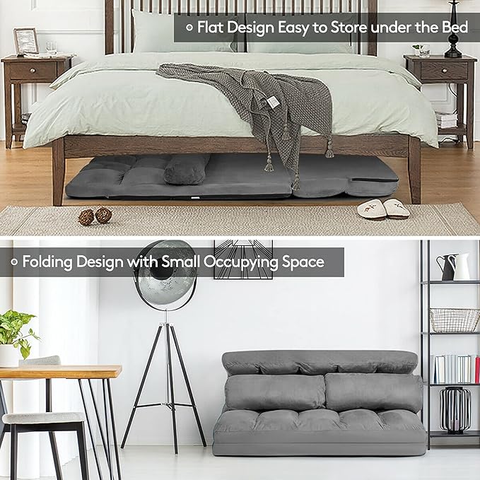 DORTALA Foldable Floor Sofa, 6-Position Adjustable Lounge Couch with 2 Pillows & Suede Cloth Cover, Modern Lounge Mattress Video Gaming Lazy Couch, Floor Seating Sofa, 71" x 44.5", Grey