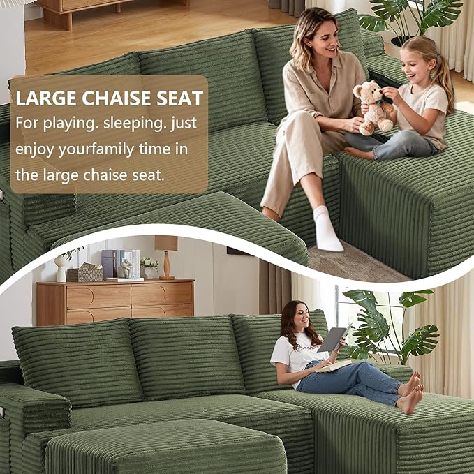 96" U-Shape Cloud Couch, Modern Modular Sectional L-Shape Sofa with Ottoman, Corduroy Upholstered Couches Deep Seat Sleeper Chaise Longue for Living Room, No Assembly Required(Green, Right Facing)