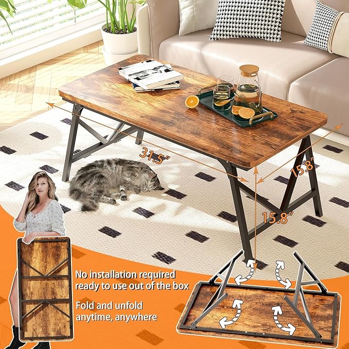 Folding Coffee Table, Leg Latches Portable Sturdy Floor Table, No Assembly Low Coffee Table for Living Room, Home, Office, Rustic Brown, Caravan and Outdoor use,31.5L‘ x 15.8W’ x 15.8H’
