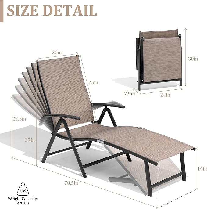 VredHom 4PCS Patio Chaise Lounge Outdoor Folding Adjustable Lounge Chair Recliner with 8 Adjustable Backrest Positions for Pool Beach Yard, Textliene and Aluminum Frame