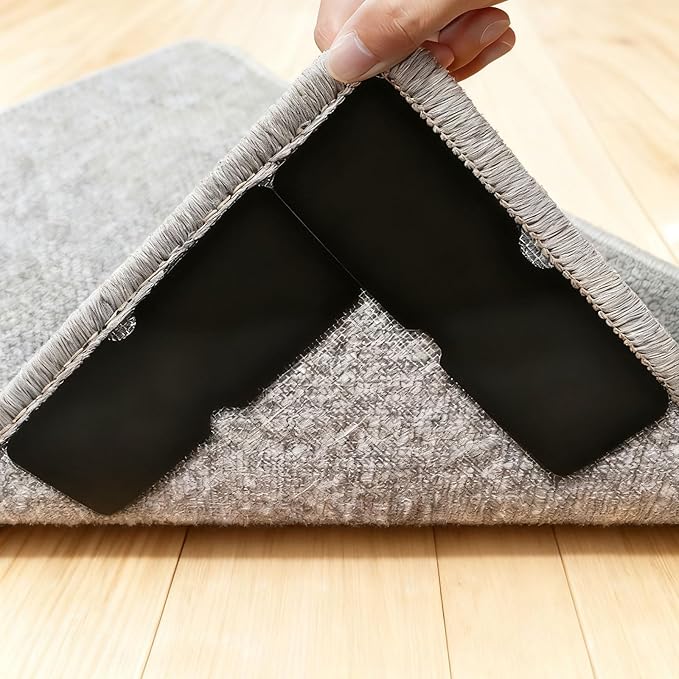 Washable Rug Grippers for Hardwood & Tile Floors, Reusable Non Slip Carpet Pads to Keep Corners Flat, Floor-Friendly Adhesive, Easy to Apply and Remove, Anti Curling Design (8 Pack)