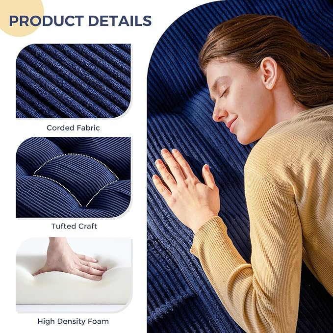 MAXYOYO Tri-Fold Mattress, 6 Inch Tufted Folding Futon Foam Bed, Foldable Floor Mattress Guest Bed Futon Topper Portable Camping Sleeping with Corded Fabric, Navy, 59"x79"