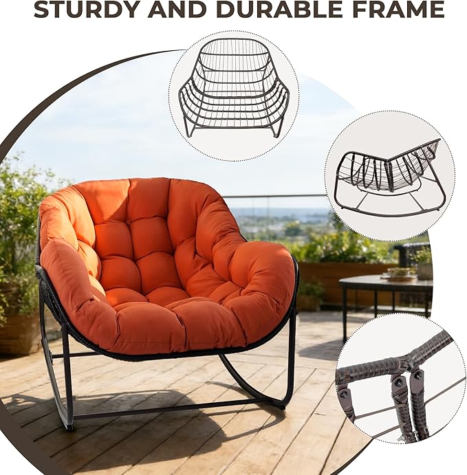 Sgentle Papasan Rocking Chair Outdoor, Oversized Patio Rocking Chair with Cushions & Steel Frame, Wicker Egg Lounge Chair Indoor, Comfy Reading Chair for Patio, Deck, Porch (Red, Style 1)
