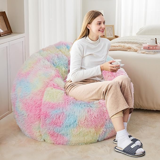 Rainbow Bean Bag Chair - Giant Bean Bag Chairs for Adults and Kids - Oversized Bean Bag Sofa Couch with Filler - Faux Fur BeanBag Furniture for Living Room Bedroom Dorm Office - 41inch