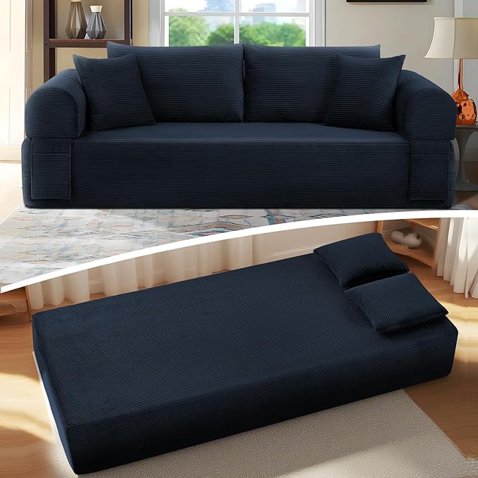 83" Sofa in a Box, 3 Seater Couch No Assembly Boneless Sofa Bed with Cushion Back 2 Matching Pillows Deep Seat Corduroy Fabric Side Storage Pockets for Living Room, Bedroom, Apartment, Office, Blue