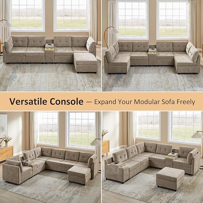 VANOMi 5 Seater Modular Sectional Sofa, Convertible Modular Cloud Sofa Bed with Ottoman, Comfy Chenille Sofas & Couches for Living Room, Apartment, Office, Beige, Sofa Bed