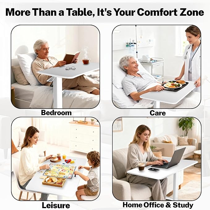 Adjustable Overbed Bedside Table with Wheels(31.2" W), Hospital Bed Table Over The Bed, Mobile Standing Desk Rolling Computer Cart, Laptop Desk with Hidden Casters