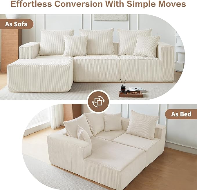101" Cloud Couch for Bedroom,Boneless Couch with Oversized Chaise,4-Seat Chenille Deep Seat Sofa with 5-Pillows for Living Room,Corduroy Sofa in A Box,Beige