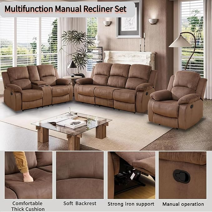 Manual Reclining Sofa Set with Drop-Down Table, Corduroy Sofa Sets, Living Room Furniture Sets, Modern Manual Recliner Sofa Sets with Storage Console for Living Room (Brown, Sofa+Loveseat+Chair)
