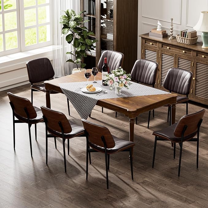 YaFiti Dining Chairs Set of 2, Dining Room and Kitchen Chairs, Mid Century Modern Accent Chair, Upholstered PU Leather Chairs for Vanity with Walnut Bentwood and Metal Legs, Brown