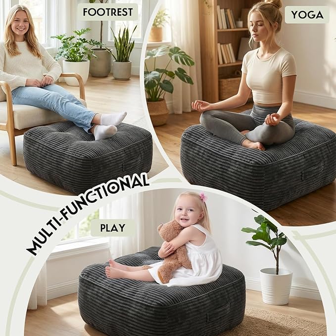 11In Washable Floor Pillow for Adults, Yoga & Meditation Cushion with Handle, Square Large Pillows Seating with Removable Tufted Corduroy Cover for Tatami Living Room Board Games, Dark Gray