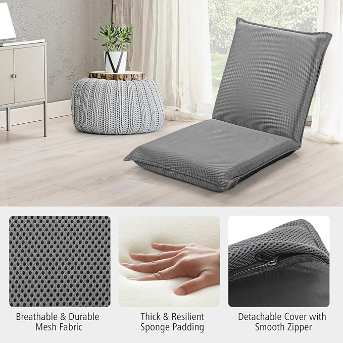 S AFSTAR Adjustable Floor Chair, Cushioned Lounger Recliner with 6-Position Comfortable Back Support & Thick Padded, Lazy Sofa Floor Gaming Chair, Floor Seat for Gaming Reading Meditation (Grey)