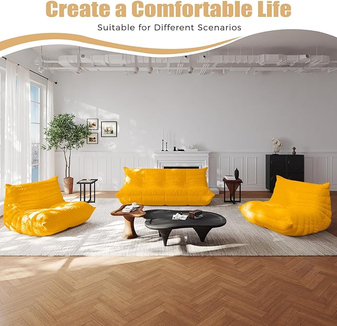 Selyteramy 3 Seat Oversized Bean Bag Chairs for Adults, Memory Foam Fireside Beanbag Couch, Comfy Bean Bag Lounger Lazy Sofa for Living Room, Bedroom, Playroom, Yellow