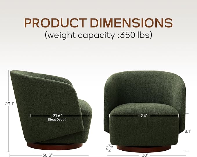 Boucle Swivel Accent Chair, No Assembly Upholstered Armchair with Rubberwood Base, 360° Rotating Barrel Chair for Living Room, Bedroom, Apartment & Reading Nook (1, Green)