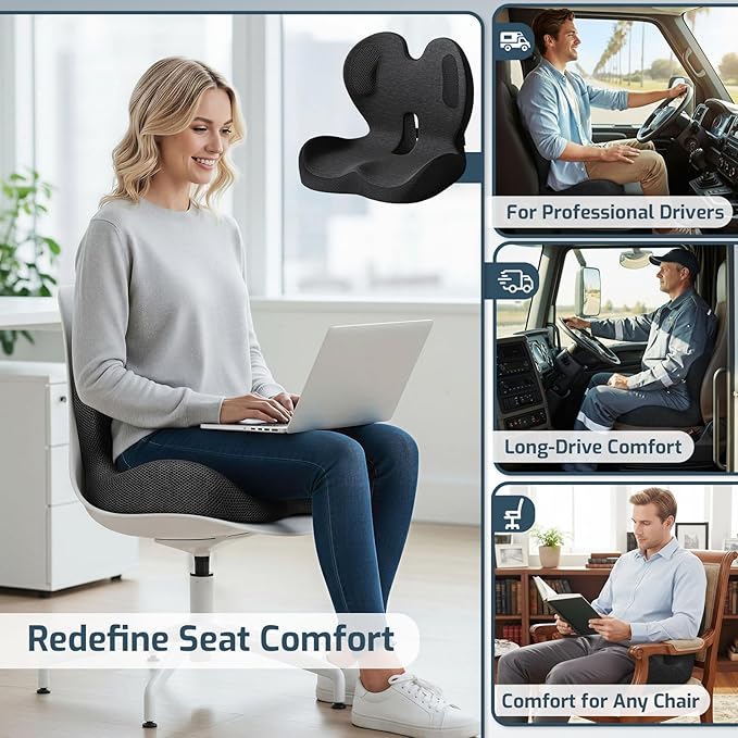 Office Chair Cushions with Lumbar Support Pillow, Soothe Back and Seat Cushion Memory Foam, Non Slip Adjustable Strap for Lower Back Pain Sciatica Relief Office Workers Car Drivers (Black+ Gray)