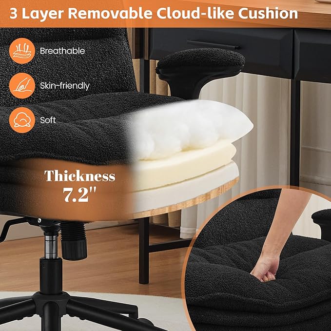 Criss Cross Chair with Flip-up Arms, Wide Criss Legged Chair with 3 Layer Cushion, Ergonomic Office Desk Chair with Wheels, Swivel Vanity Chair for Office, Living Room, Bedroom, Boucle Black