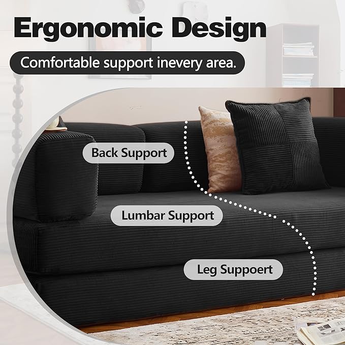 LIAROO 78.8" Convertible Sofa Bed - Compression Sofa with Corduroy Fabric - with Armrests and Backrest - Modular Sectional for Living Room, Bedroom, Studio - Compression Sofa in Box (Black)