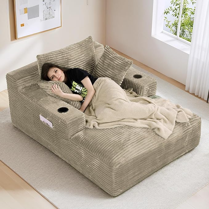 50"W x 68"D Oversized Chaise Lounge Chair Indoor Boneless Reading Chair Plush Corduroy Recliner with Cup Holders Large Deep Seat Comfy Sofa Bed with 3 Pillows for Living Room Bedroom, Light Camel