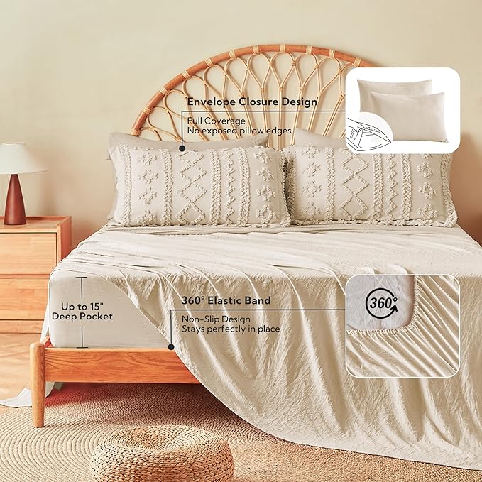 MR&HM King Size Comforter Set Beige, 7 Pieces Tufted Boho Beddding Sets, Farmhouse Style Bed in a Bag with 1 Comforter, 2 Pillow Shams, 2 Pillowcases, 1 Flat Sheet, 1 Fitted Sheet for All Seasons