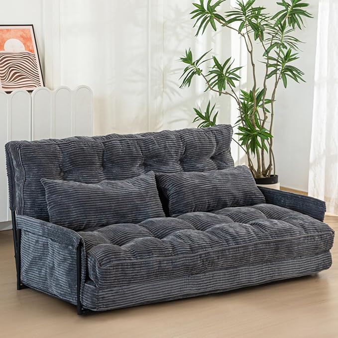 MAXYOYO Adjustable Floor Sofa Couch with 2 Pillows, Multi-Functional Bean Bag Bed, 5-Position Foldable Lazy Sofa Sleeper Bed with Armrest, Versatile Floor Seating for Reading, Dark Grey, Double