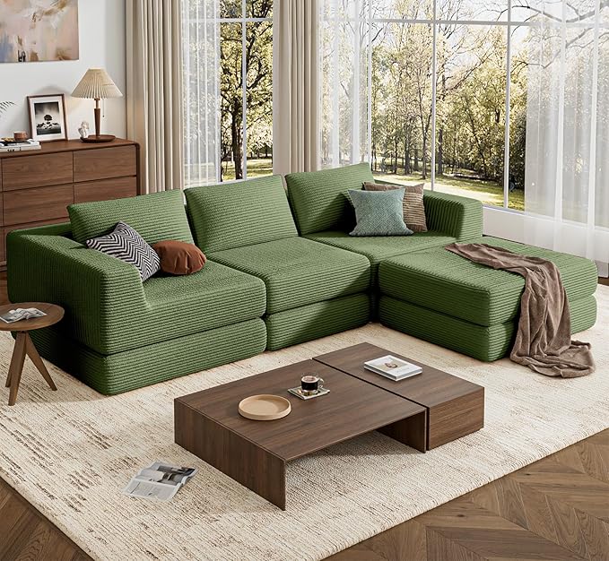 L-Shaped Corduroy Modular Sectional Couch, Modern Floor Couch Sofa for Apartment Living Room, Convertible Sleeper Sofa Bed with 3 Pillows, No Assembly Required, Green
