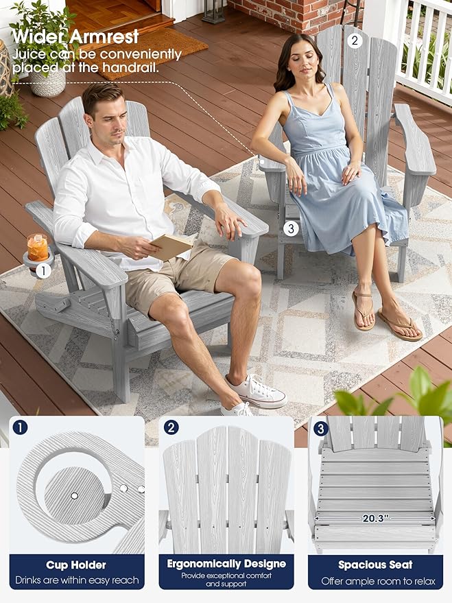 KINGYES Folding Adirondack Chair Set of 4, HDPE All-Weather Patio Chairs with Cup Holder, Wooden Textured Fire Pit Chairs for Poolside, Backyard, Deck, Silver Grey