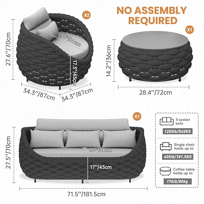 Erotr Woven Rope Patio Furniture Set: 4 Pieces Aluminum Outdoor Conversation Sofa Set Assembled - Modern Deck Couch Set Cushioned - All Weather Metal Porch Seating for 5 Person Garden Pool Yard Hotel