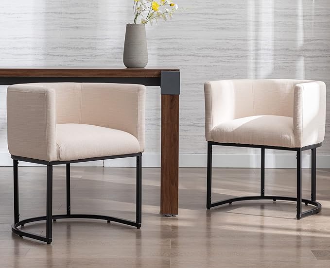VESCASA Linen Upholstered Dining Chairs with Barrel Back, Mid Century Modern Padded Restaurant Chairs with Black Metal Frame for Kitchen, Dining Room, Set of 3, Cream