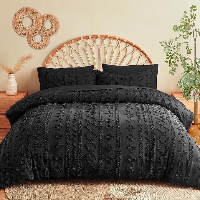 MR&HM Full Size Bed Sheets and Comforter Set Black, 7 Pieces Tufted Boho Beddding Sets, Farmhouse Style Bed in a Bag with 1 Comforter, 2 Pillow Shams, 2 Pillowcases, 1 Flat Sheet, 1 Fitted Sheet