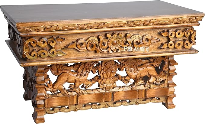 Tribe Azure Fair Trade Small Snow Lion Altar Table, Hand Carved Wooden Table with Majestic Garuda, 16 in x 9 in x 9 in