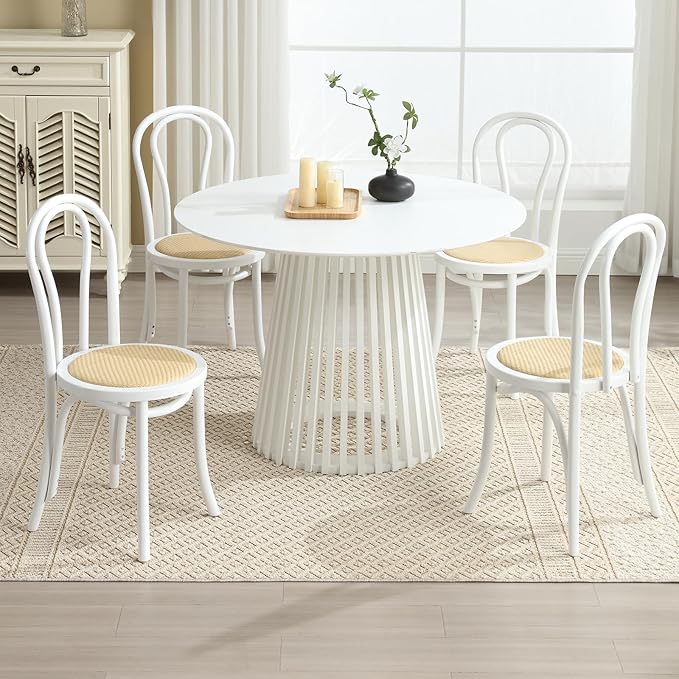 DM Rattan Dining Chairs Set of 4 Mid-Century Modern Solid Curved Wood Kitchen & Dining Chairs with Backrest, White Wood, No Assembly Required