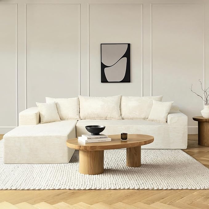 Sectional Cloud Boneless Couch for Living Room Bedroom, Comfy Modern L Shaped Modular Sofa with Left Facing Chaise, Deep Seat Memory Foam Couch in Box, No Assembly (Fine Striped Corduroy, Beige)