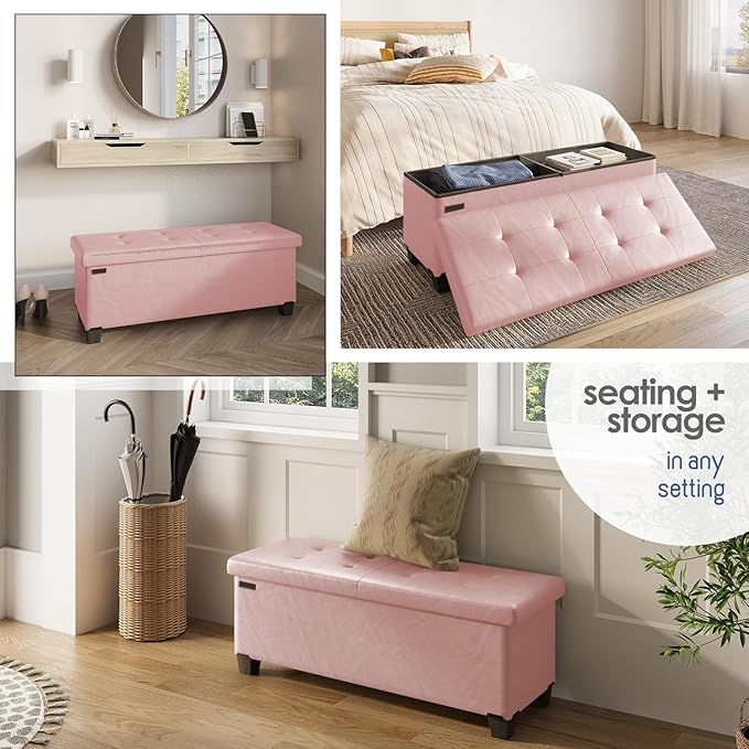 Storage Ottoman Bench with Bins, 43-in Storage Bench for Bedroom End of Bed, Folding Foot Rest Ottoman for Living Room Max 660lbs, Faux Leather Ottomans, Pink