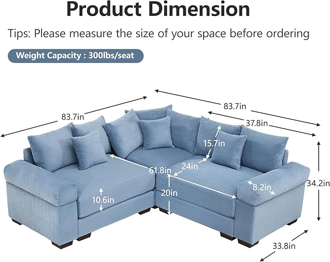 KEIKI 79" L-Shaped Oversized Corduroy Modular Cloud Sectional Sofa with High-Density Foam Cushion, Extra-Thick Armrest, Convertible 3-Seater Fluffy Corner Couch with 10 Pillow, for Living Room, Blue