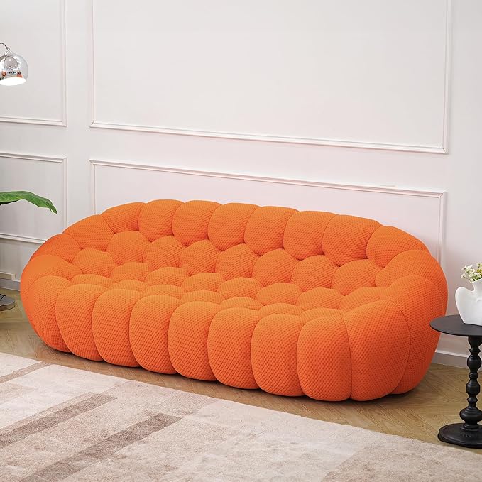 JACH Bubble Curved Couch, 98.43'' Comfy Upholstered Sofa, Mesh Fabric Floor Sofa, 3D Honeycomb Shape Modern Couch for Living Room, Office, Apartment, Small Space (3 Seater, Orange)