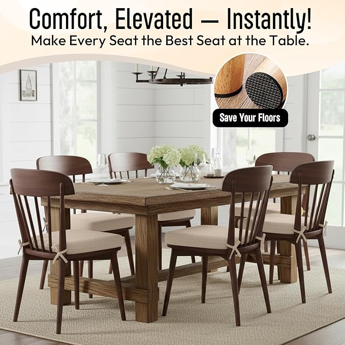 D-Shaped Indoor Chair Cushions 17" x 16" for Kitchen & Dining Chairs – 2'' Thick Seat Pads with Ties & Non-Slip Backing, High-Density Foam, Machine-Washable Covers, Set of 4 with Chair Leg Pads, Beige