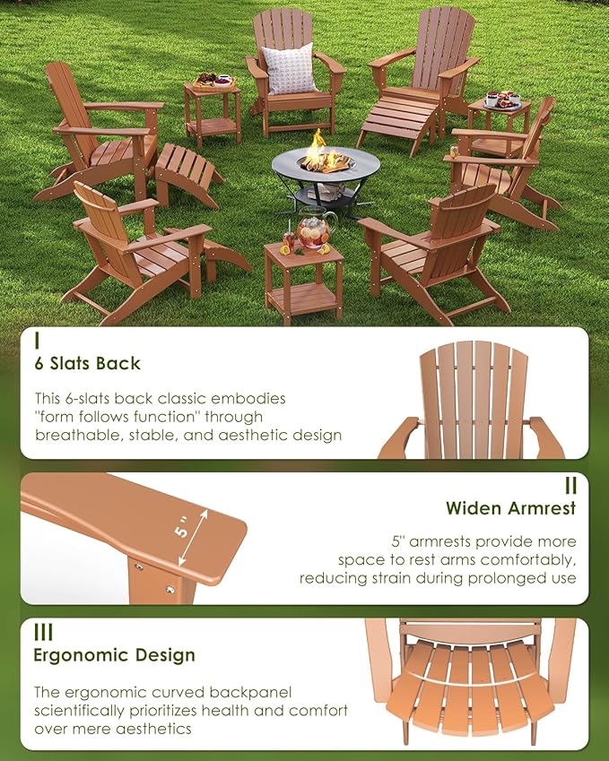 GREENVINES Adirondack Chair | HDPE Plastic | Oversized Fire Pit Chairs | All Weather | Teak | Poly Lumber | for Outdoor Deck Backyard Patio Garden