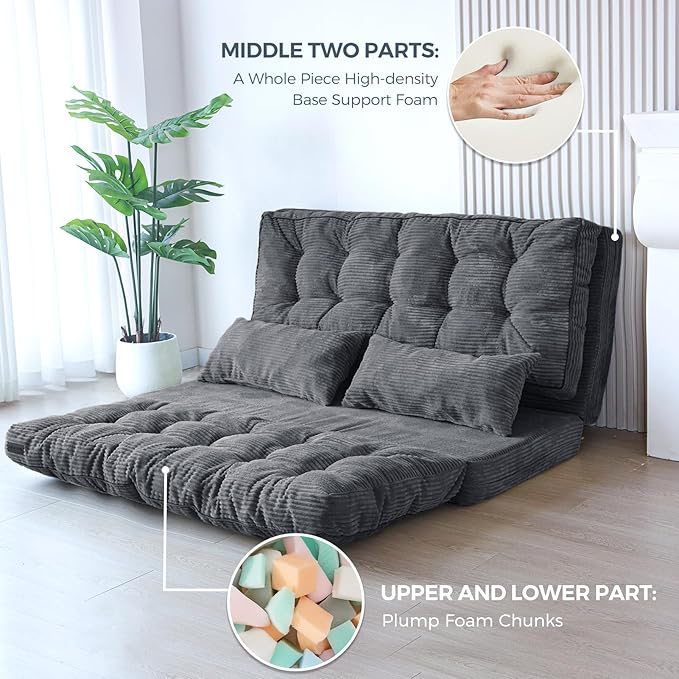 MAXYOYO Bean Bag Bed Tufted Folding Sofa Bed with Pillows Floor Mattress for Adults, Extra Thick and Long Floor Sofa, Full Couch for Bedroom Living Room, Dark Grey, 54x91 Inch