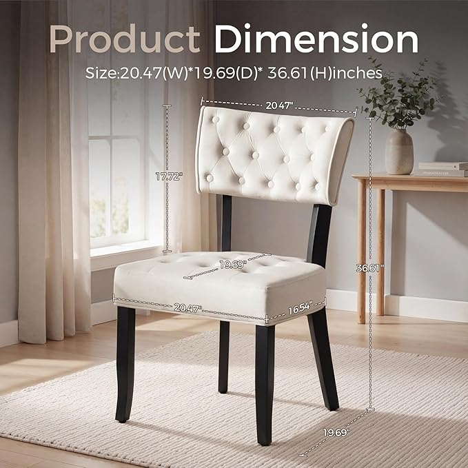 UVV Upholstered Dining Chairs Set of 4, Mid Century Modern Tufted Kitchen Chairs Dining Room Chairs, Velvet Dinner Chair with Wood Legs for Dining Room Kitchen, Beige-Black Legs
