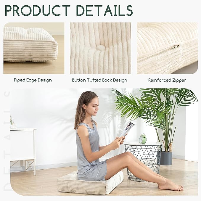 Tufted Corduroy Recliner Seat Cushion for Elderly, High Density Foam Large Square Seat Cushion for Recliner Chair, Floor Pillow, Office Chair, Car, No Pressure on Thighs, 20x20x4