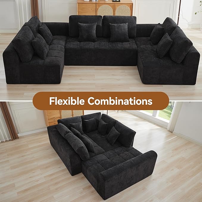 140''Modular Sectional Couches for Living Room, Cloud Boneless Compressed Sectional Sofa, Oversized U Shaped 6 Seater Upholstered Memory Foam Sofa, No Assembly, Chenille Black
