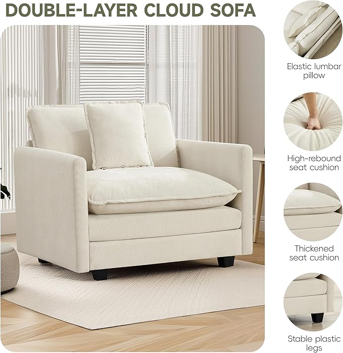 UMBFUN Cloud Couch Accent Chair, Oversized Comfy Modular Sofa with Deep Seat Cushions, Chenille Upholstered Lounge Chair for Living Room & Bedroom, Beige