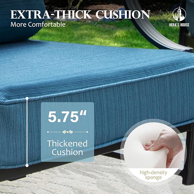 HERA'S HOUSE Outdoor Chairs Set of 2, 2 x Patio Chair with Pacific Blue Cushions, All Weather Outdoor Furniture for Lawn Garden Backyard Deck(Rocking Chairs)