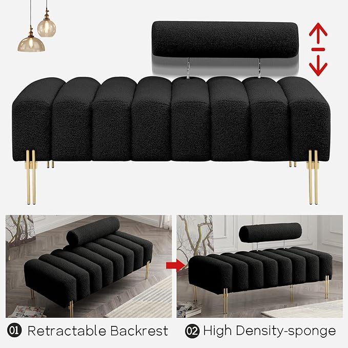 NIOIIKIT 53.2" Modern Loveseat Sofa Couch, Upholstered Accent Sofa with Golden Legs and Adjustable Backrest, Small Teddy Fleece Couches for Bedroom, Living Room, Compact Small Space (Black)