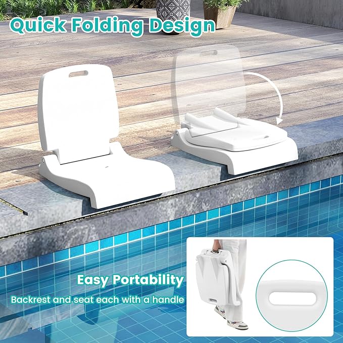 Goplus Poolside Chair for Edge of Pool, Foldable Portable Flip Seat w/Back Support & 2 Handles, Lightweight Outdoor Camping Chair for Stadium, Tailgating, Fishing, Boats, Beach (White, 1 Pack)