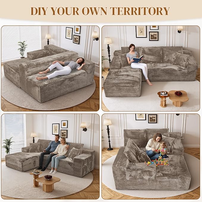 108" Boneless Cloud Sectional Couches for Living Room, Comfy Fluffy L Shaped Memory Foam Deep Seat Boneless Couch, Modular Sectional Sofa with Left Facing Chaise, Brown